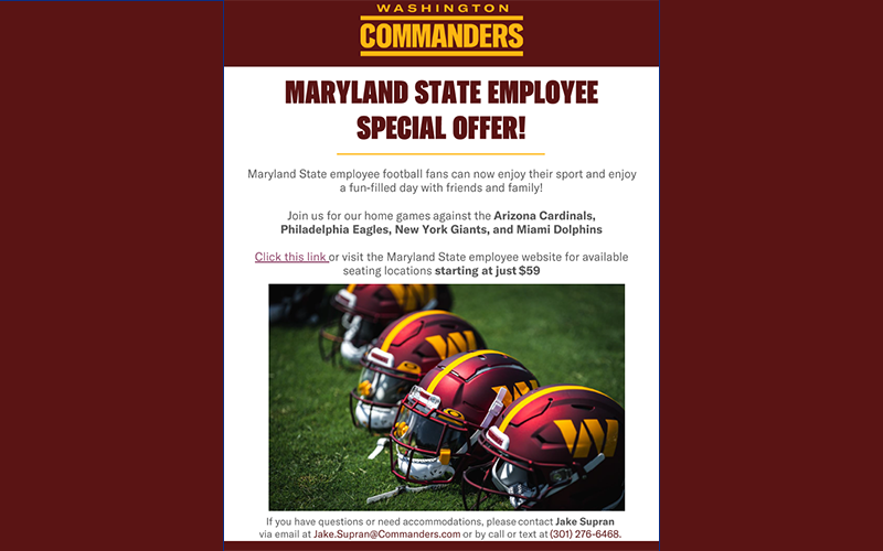 Washington Commanders Special Offer for Maryland State Employees!  Click the image for details.