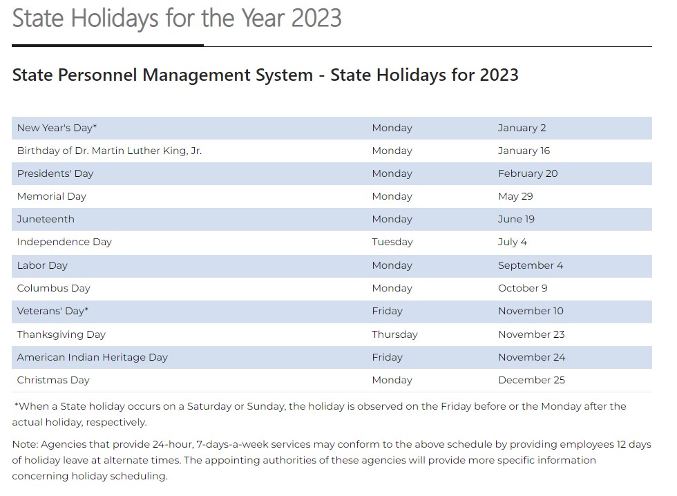 State Holidays 2023